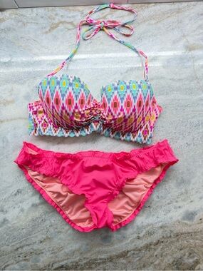 Victoria's Secret Multicolor Bandeau Bikini Top and Hot Pink Ruffle Bottoms